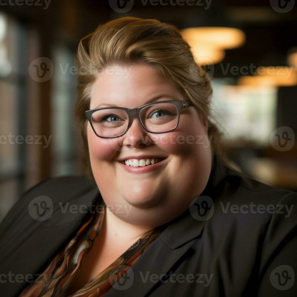 a woman wearing glasses and a blazer smiles for the camera generative ai photo