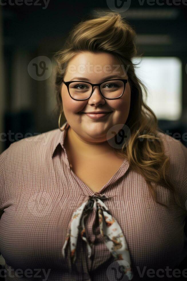 a woman wearing glasses and a pink shirt posing for the camera generative ai photo