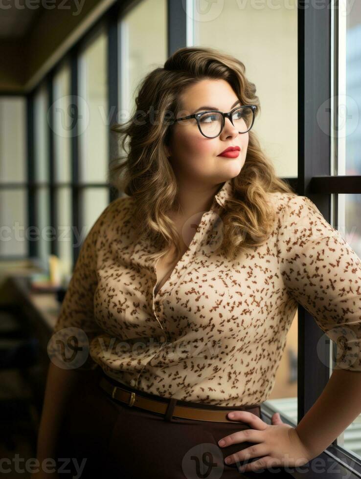 a woman wearing glasses and a shirt leaning against a window generative ai photo
