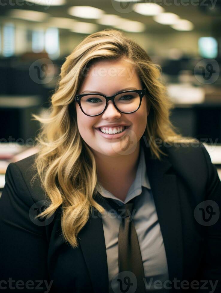 a woman wearing glasses and a suit in an office generative ai photo