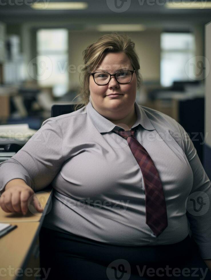 a woman wearing glasses and a tie sitting at a desk generative ai photo