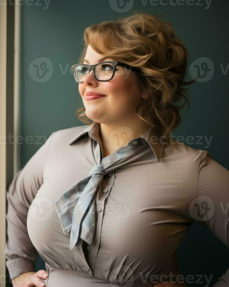a woman wearing glasses and a tie standing in front of a window generative ai photo