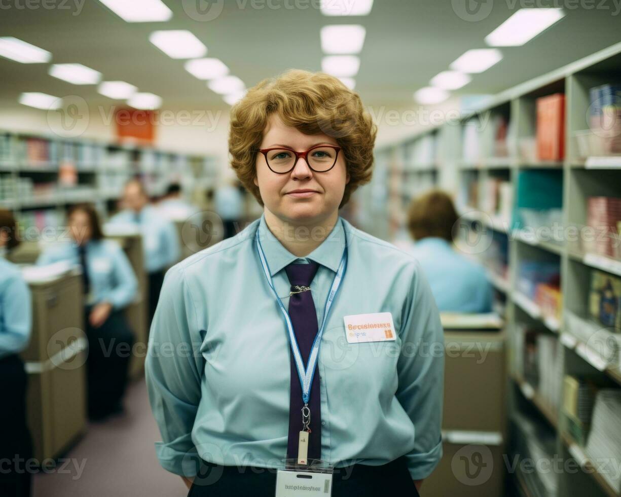 a woman wearing glasses and a tie standing in a library generative ai photo