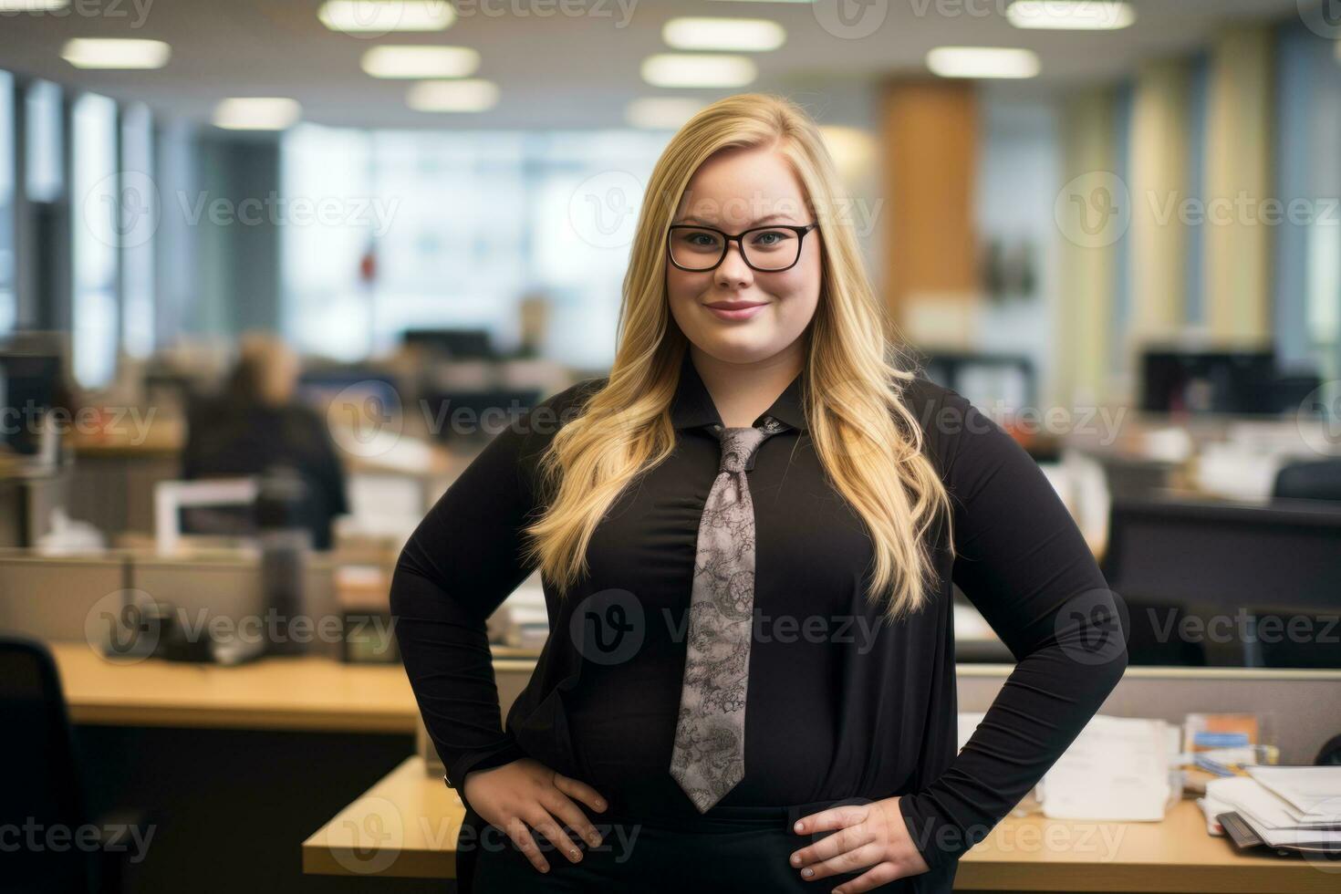 a woman wearing glasses and a tie standing in an office generative ai photo