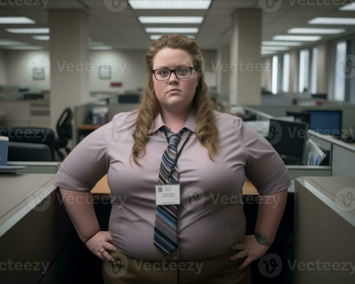 a woman wearing glasses and a tie standing in an office generative ai photo