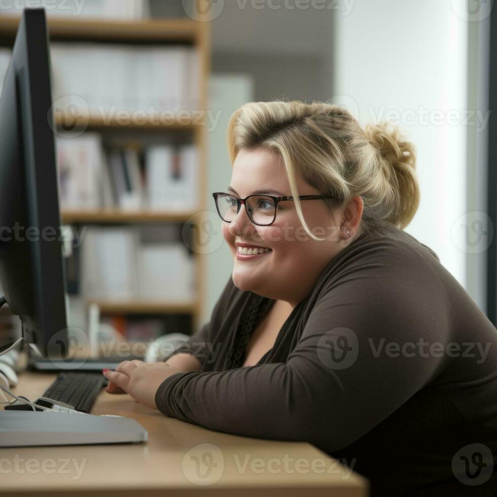 a woman wearing glasses is sitting at a desk in front of a computer generative ai photo