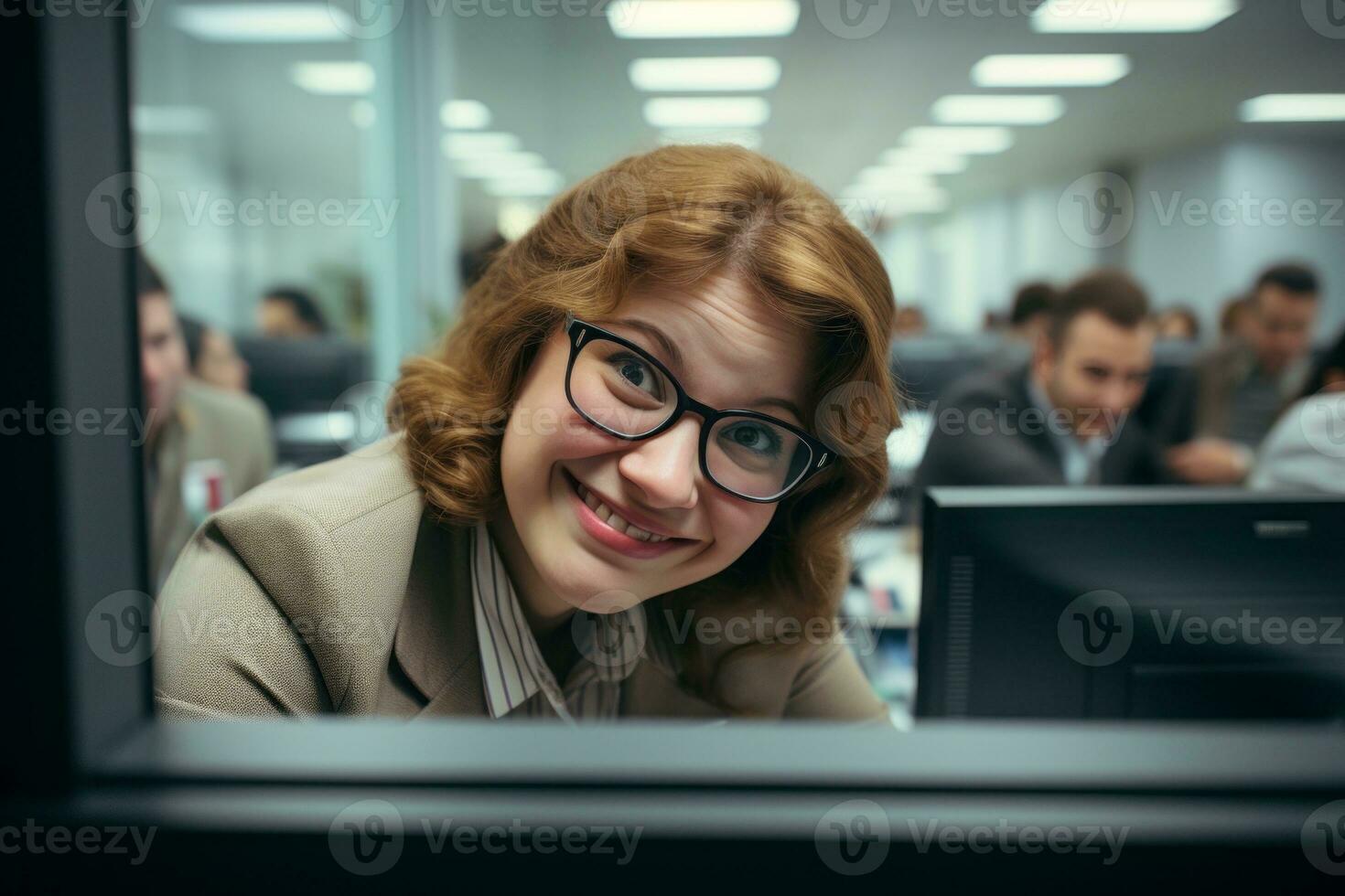 a woman wearing glasses is looking out the window of an office generative ai photo