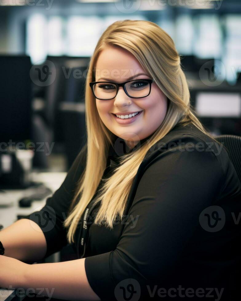 a woman wearing glasses sitting at a desk in an office generative ai photo