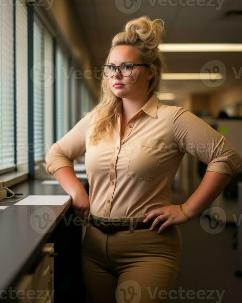 a woman wearing glasses standing in front of a desk generative ai photo