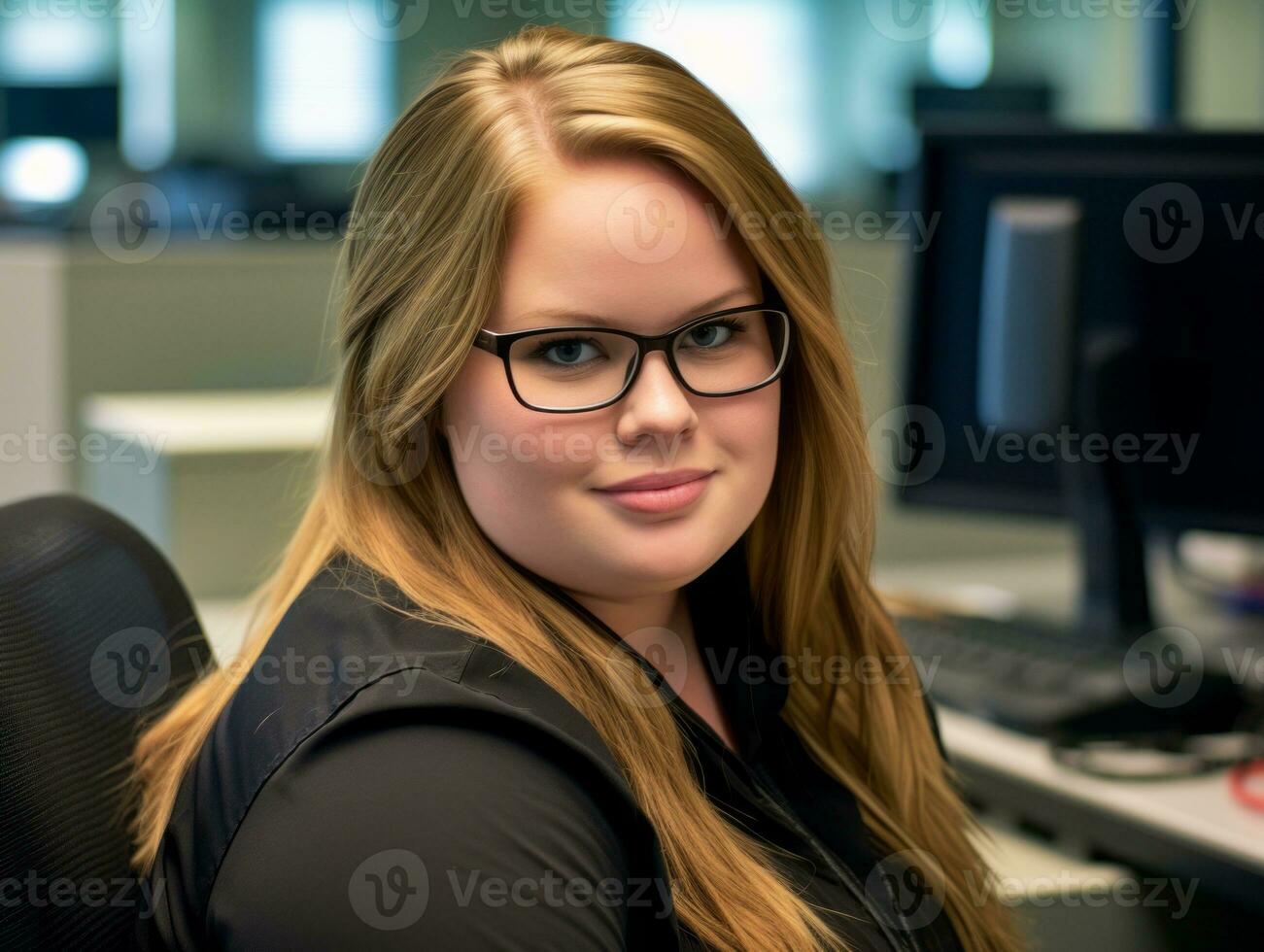 a woman wearing glasses sitting in front of a computer generative ai photo