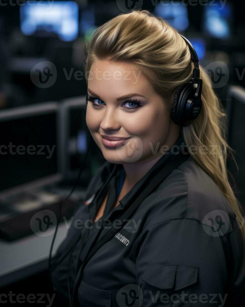 a woman wearing headphones in a control room generative ai photo