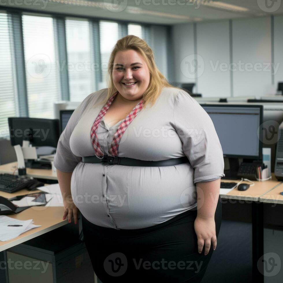 a woman with a big belly standing in front of a desk generative ai photo