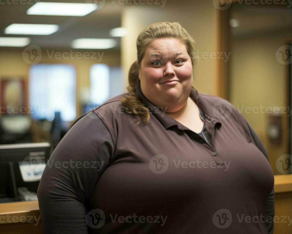 a woman with a big belly standing in front of a desk generative ai photo