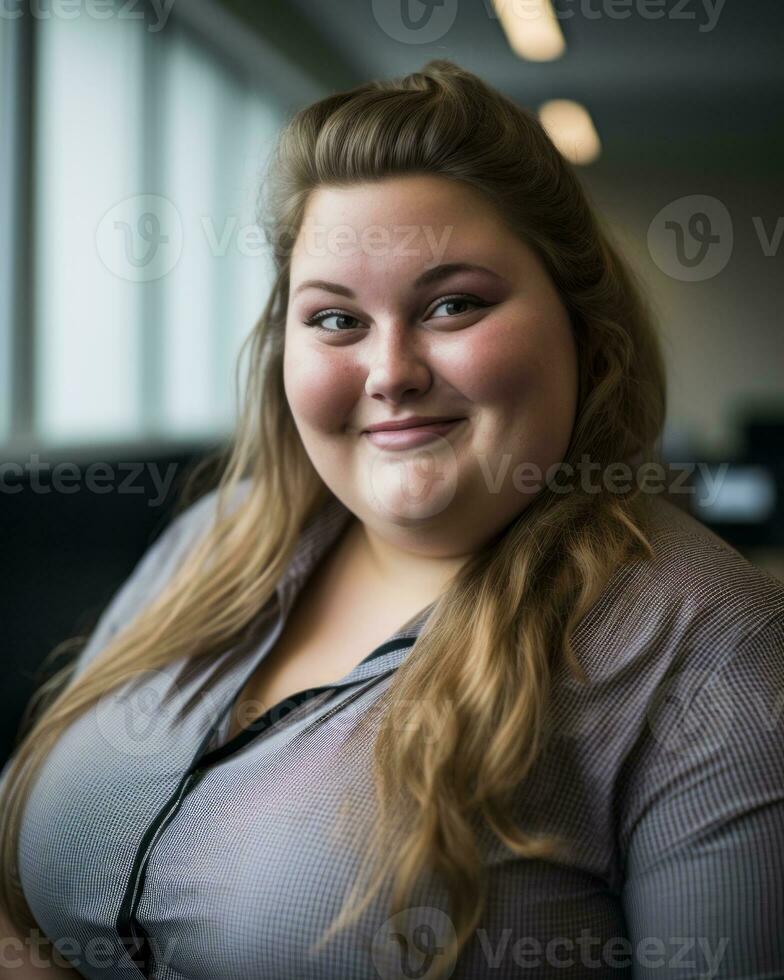 a woman with a big smile in an office generative ai photo