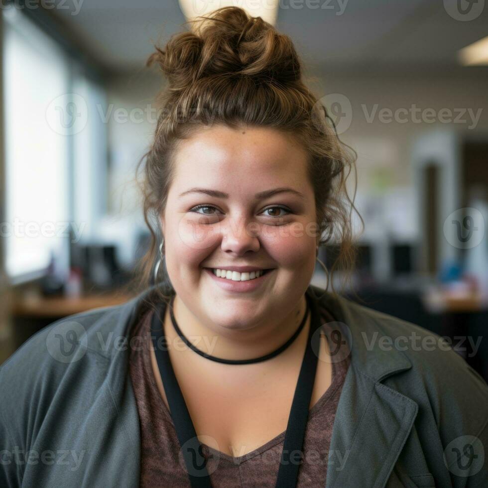a woman with a bun in her hair smiles for the camera generative ai photo