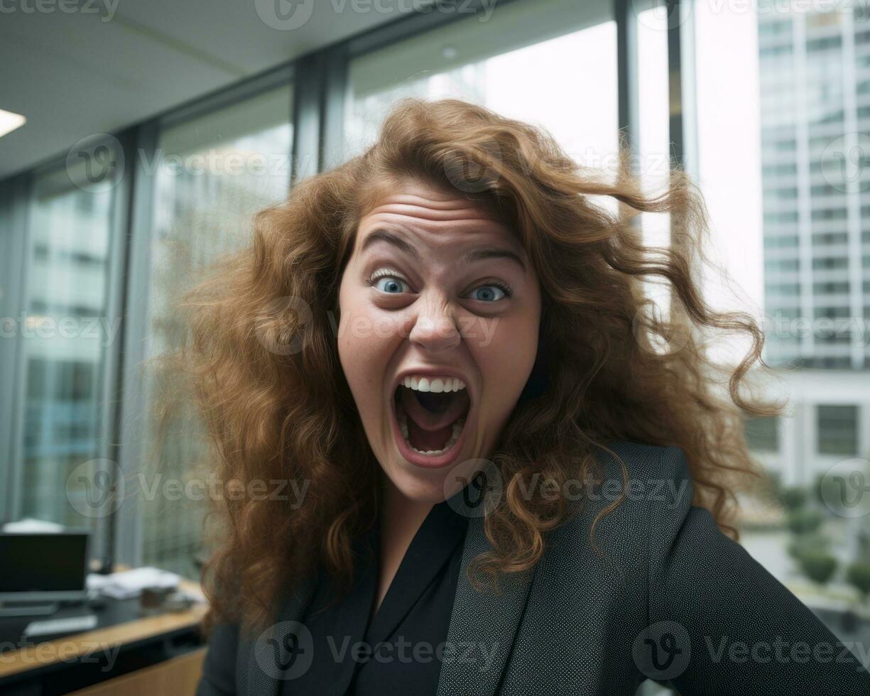 a woman with an open mouth in an office generative ai photo