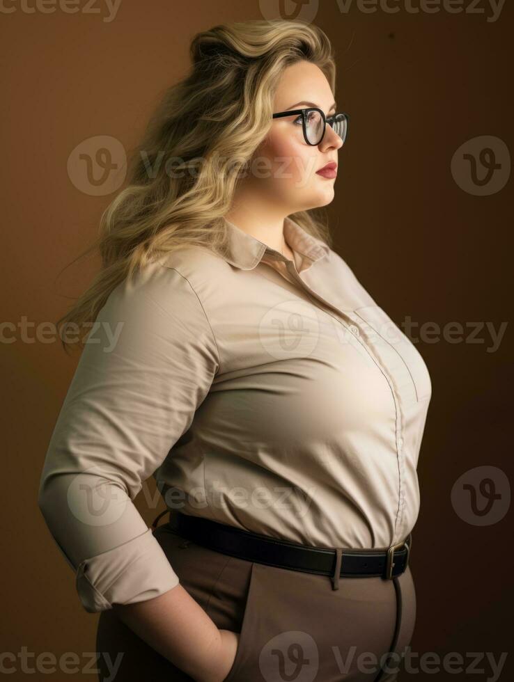 a woman with glasses and a beige shirt generative ai photo