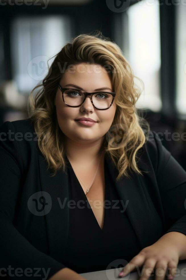 a woman with glasses and a black blazer sitting at a table generative ai photo