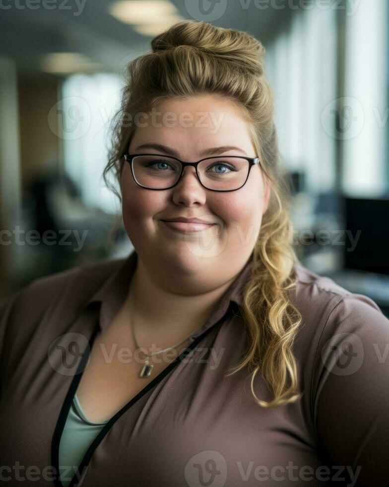 a woman with glasses and a brown shirt posing for the camera generative ai photo