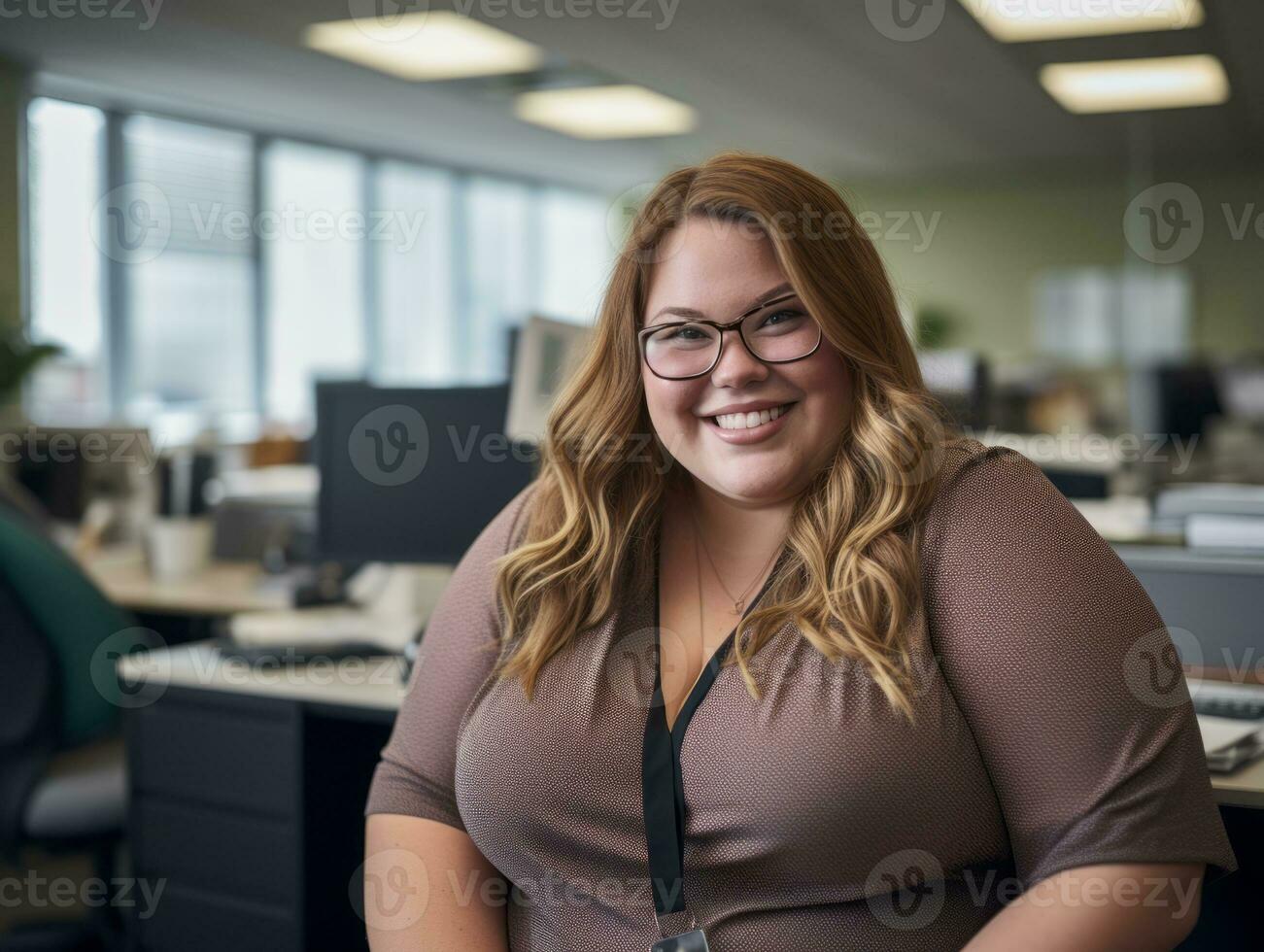 a woman with glasses and a brown shirt sitting in an office generative ai photo