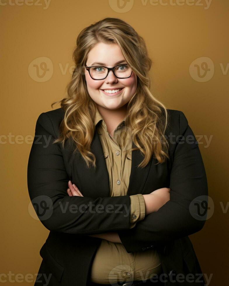 a woman with glasses and a business suit posing for the camera generative ai photo