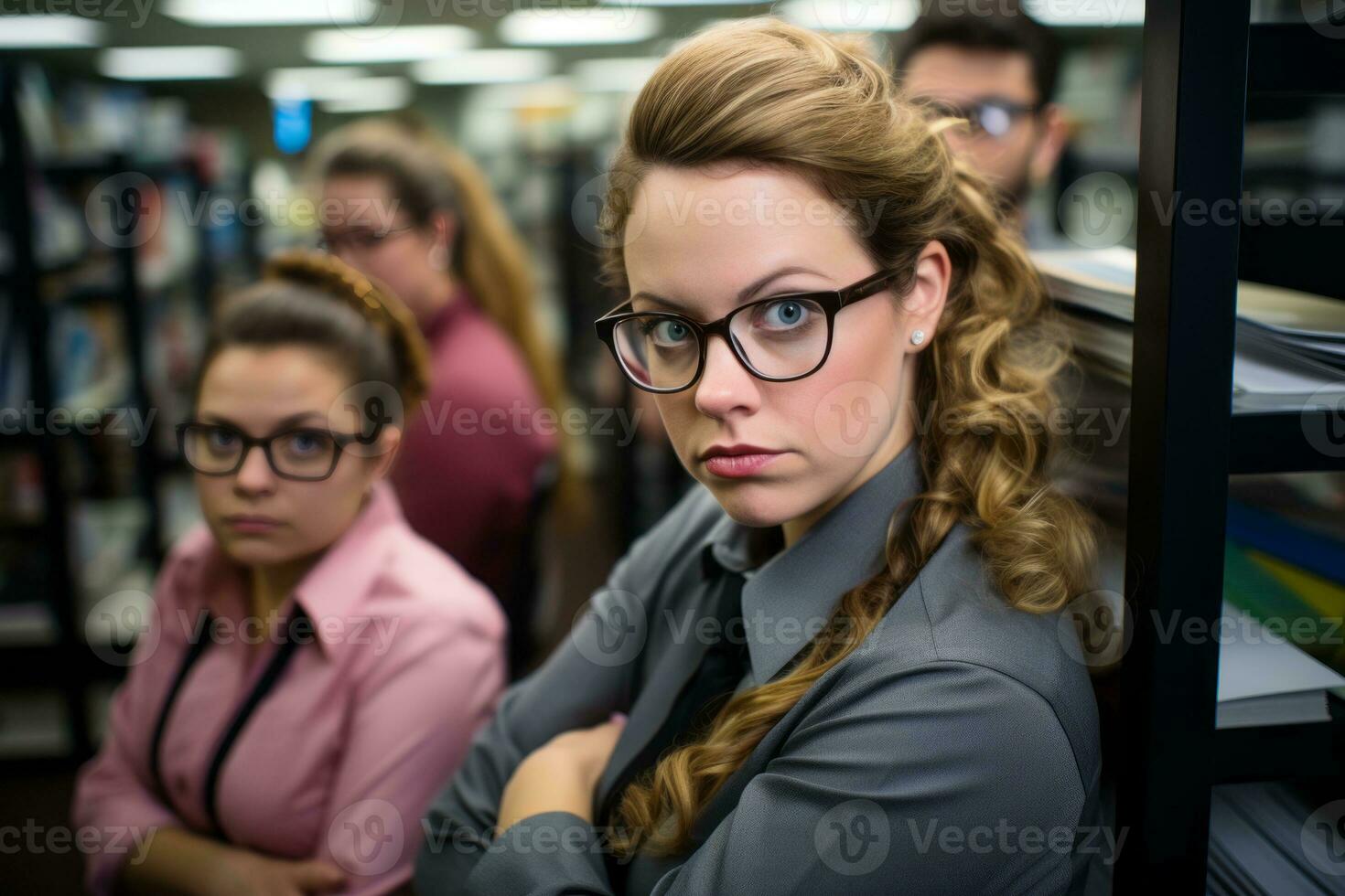 a woman with glasses and a man with glasses in a library generative ai photo