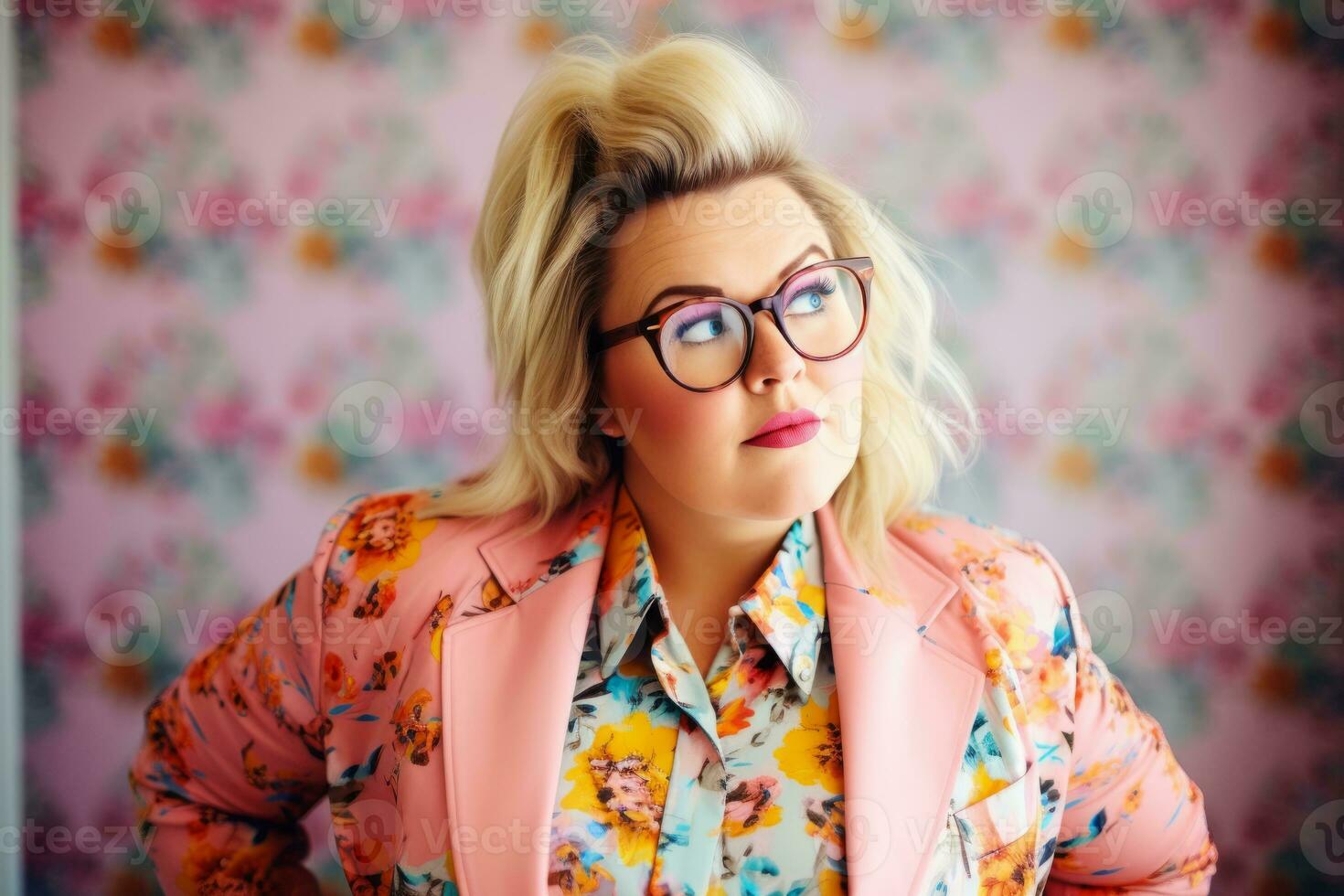 a woman with glasses and a pink jacket standing in front of a floral patterned wall generative ai photo