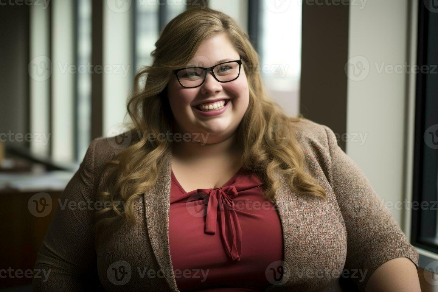 a woman with glasses and a red shirt is smiling generative ai photo