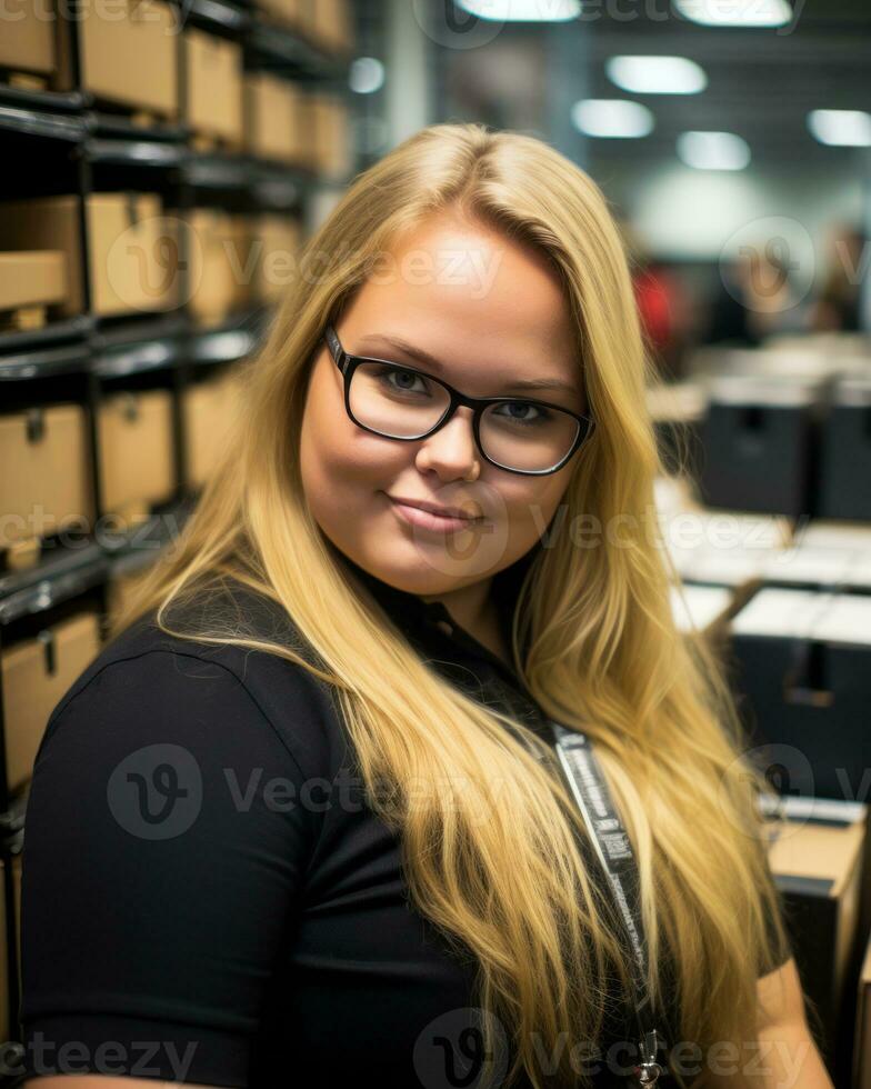 a woman with glasses in a warehouse generative ai photo