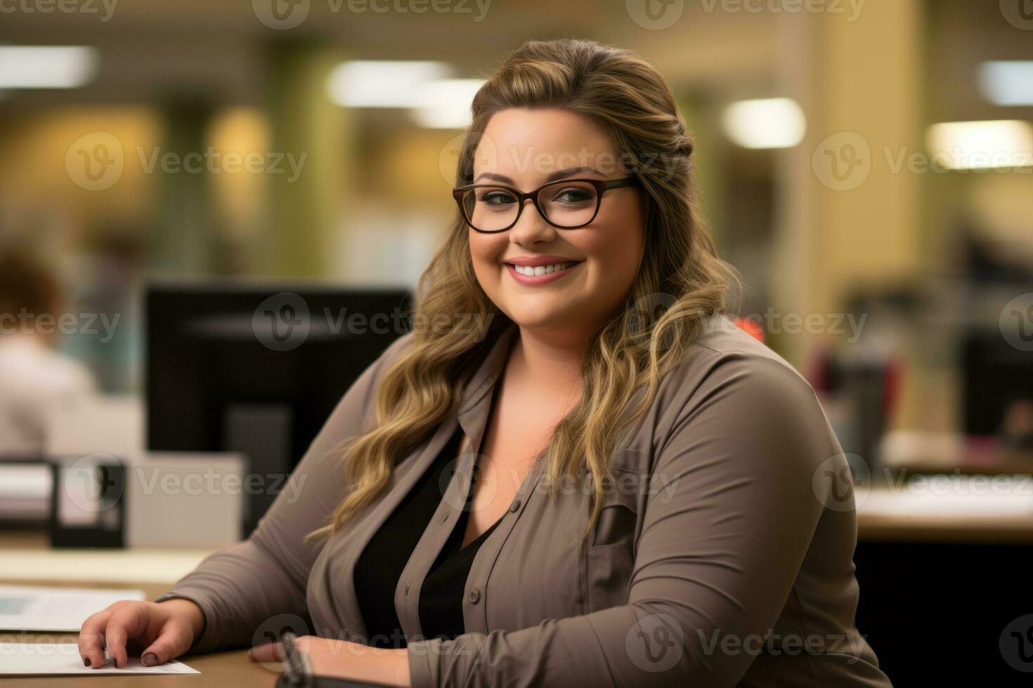 a woman with glasses sitting at a desk in an office generative ai photo