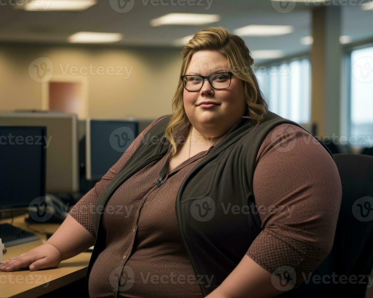 a woman with glasses sitting at a desk in an office generative ai photo