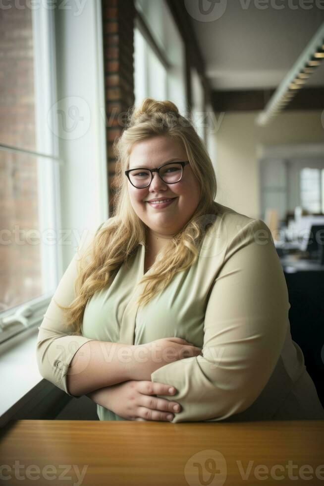 a woman with glasses sitting at a table in front of a window generative ai photo