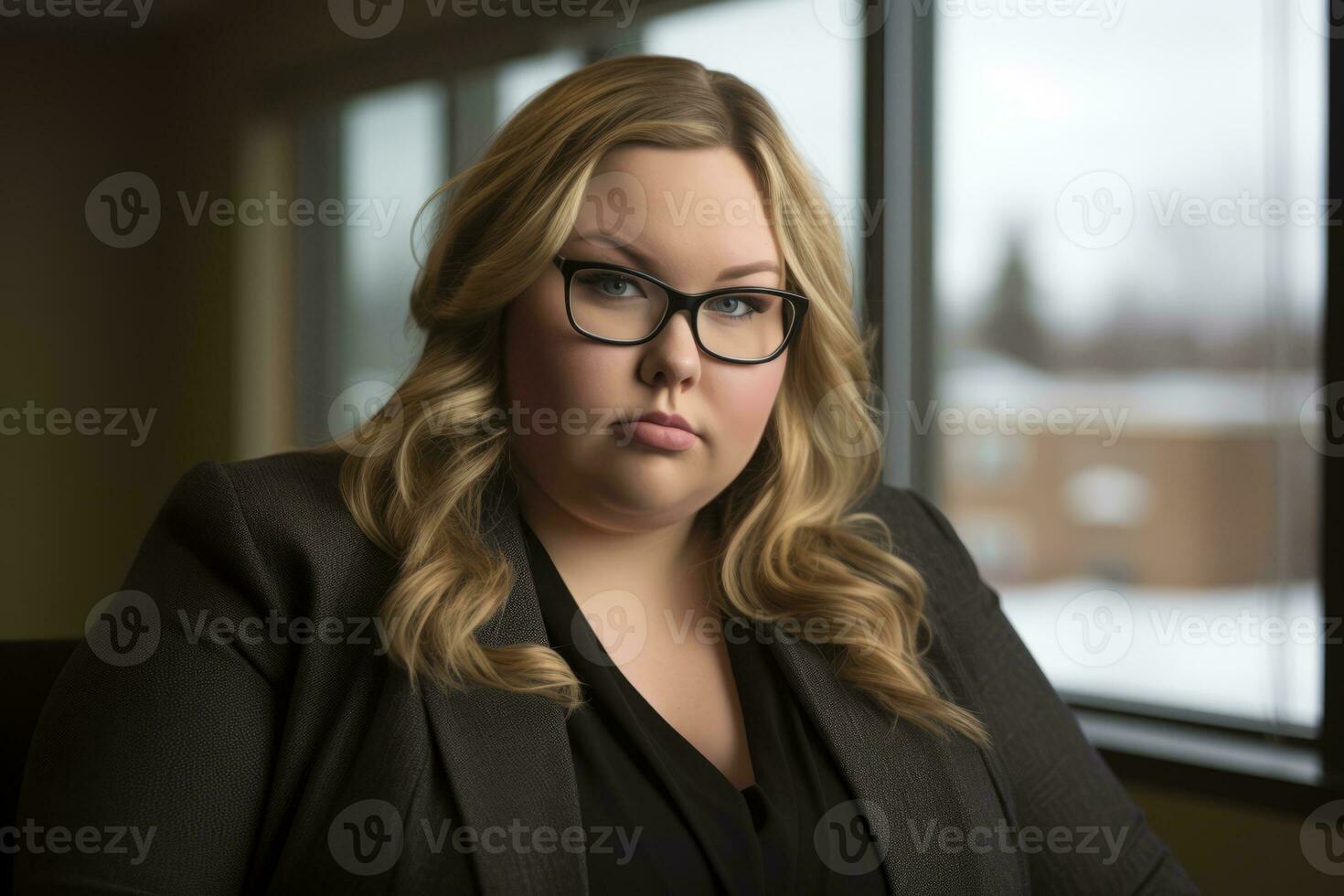 a woman with glasses sitting in front of a window generative ai photo
