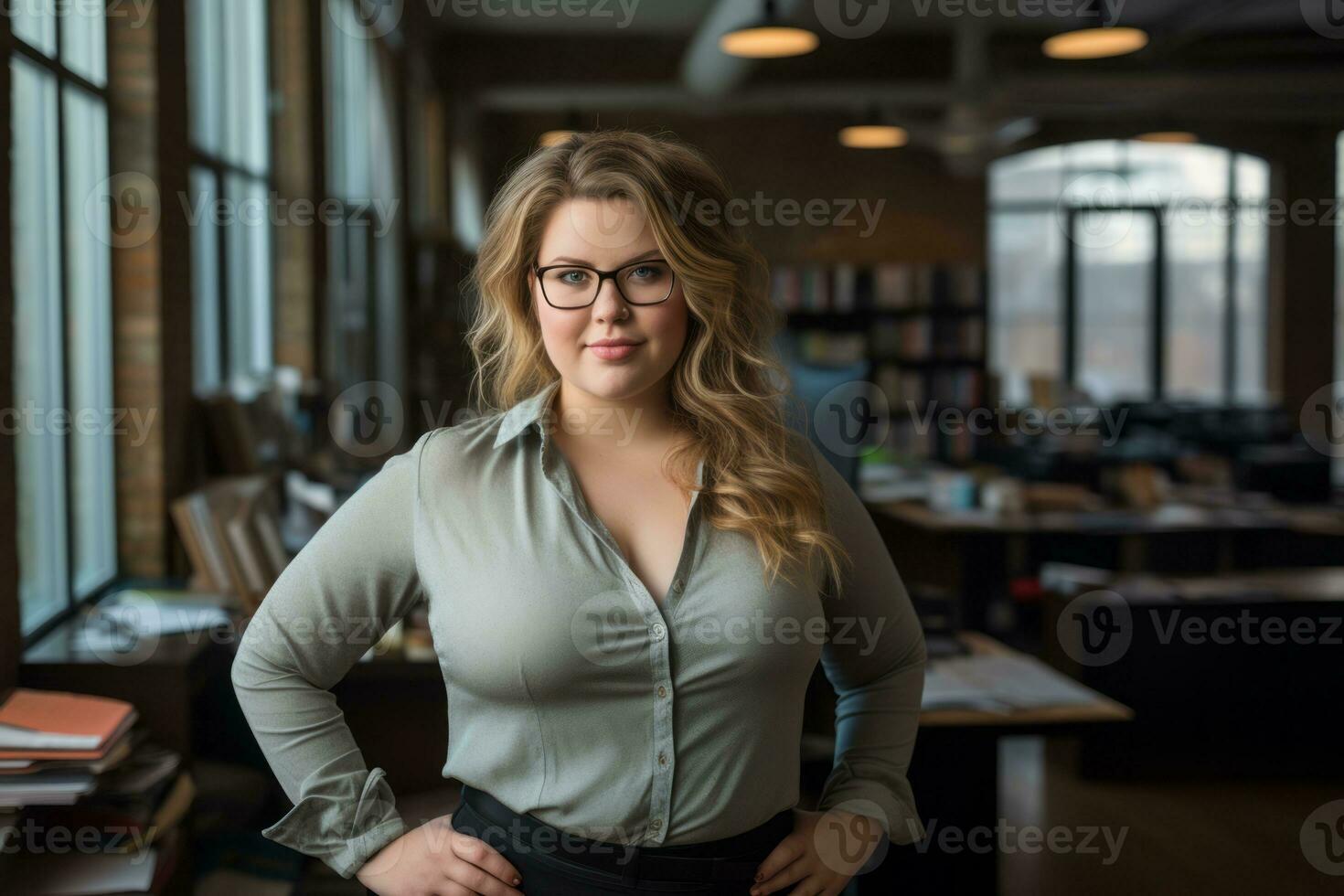 a woman with glasses standing in an office generative ai photo