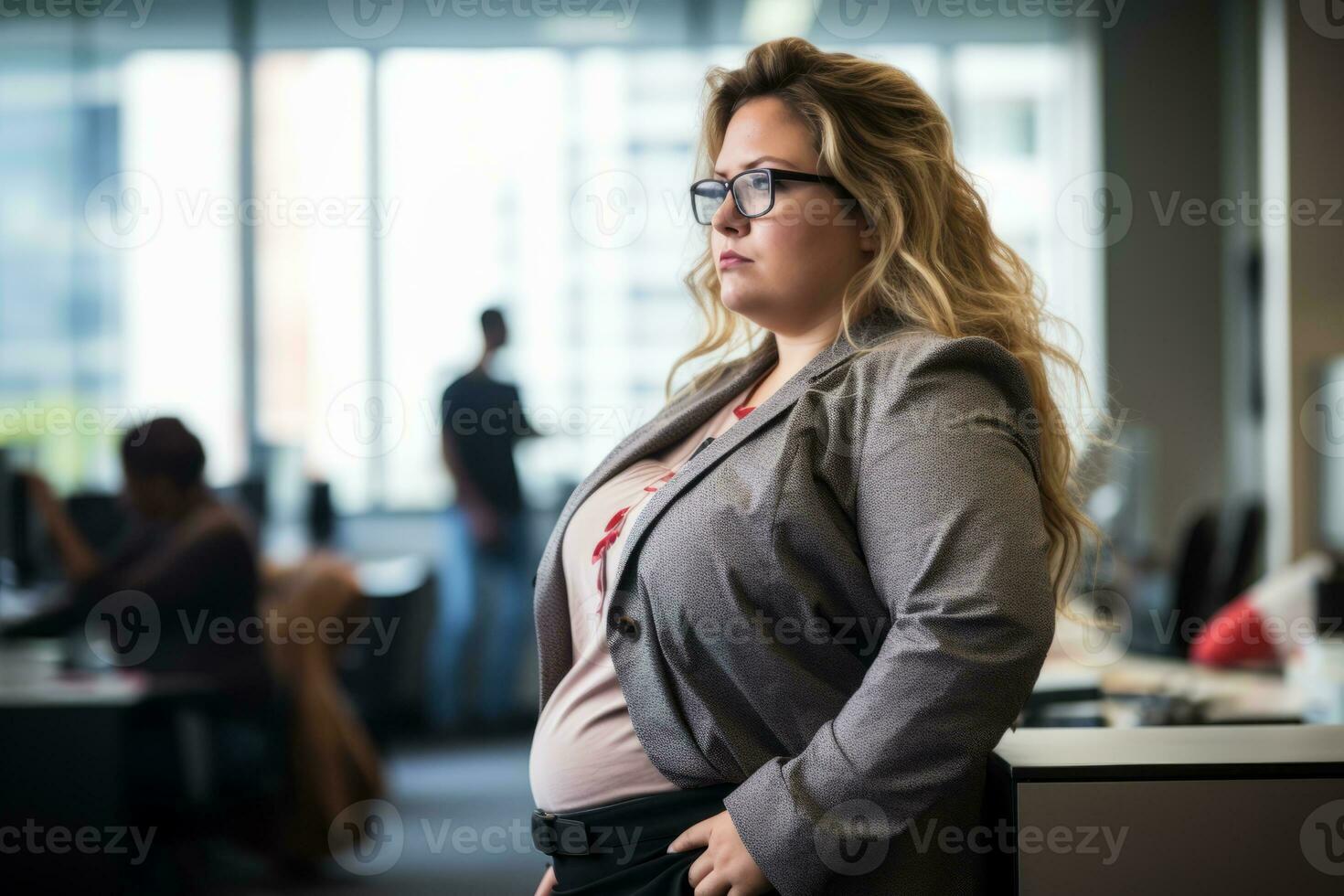 a woman with glasses standing in an office generative ai photo