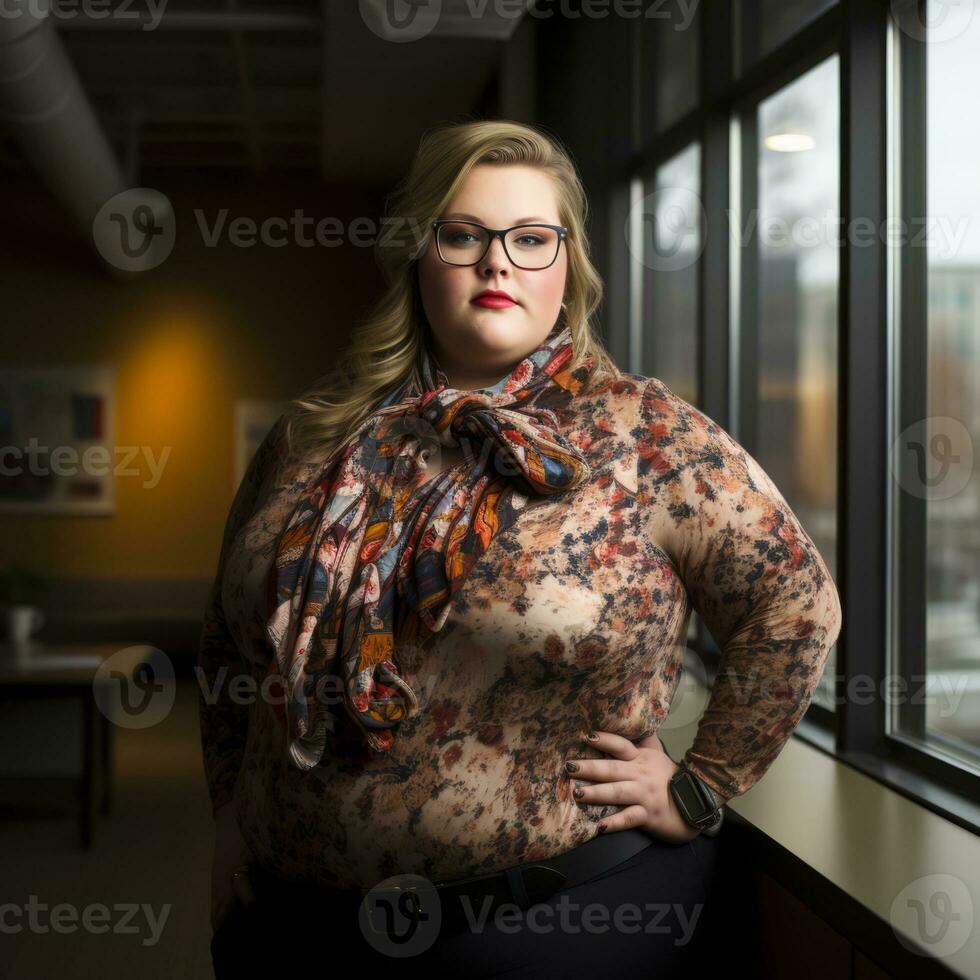 a woman with glasses standing in front of a window generative ai photo
