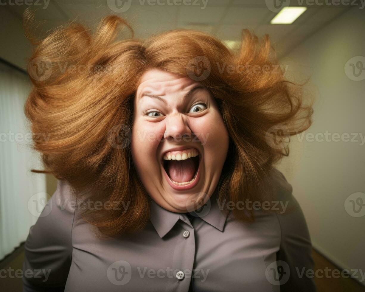 a woman with her hair flying in the air generative ai photo