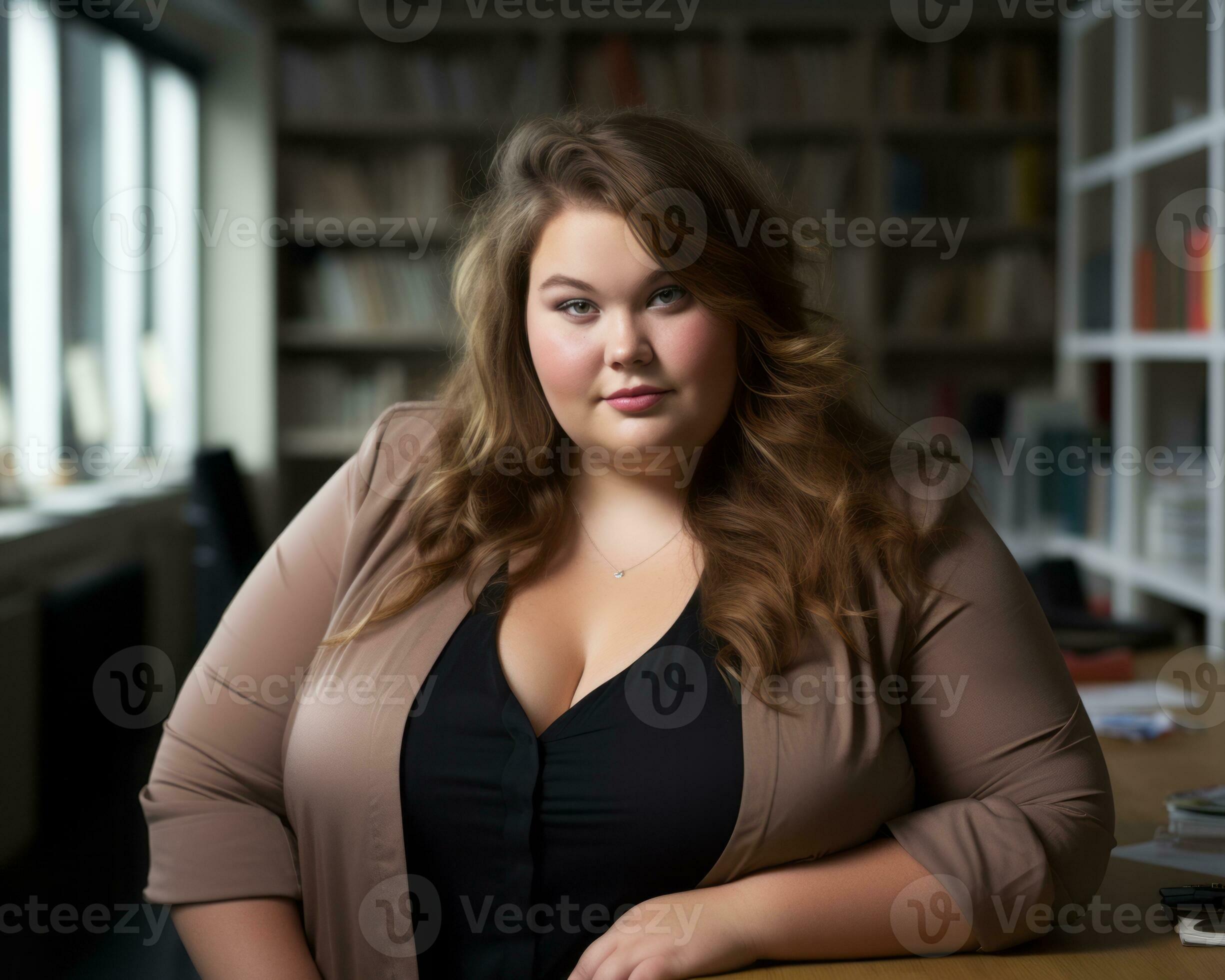 a woman with large breasts sitting at a desk generative ai 32096552 Stock  Photo at Vecteezy