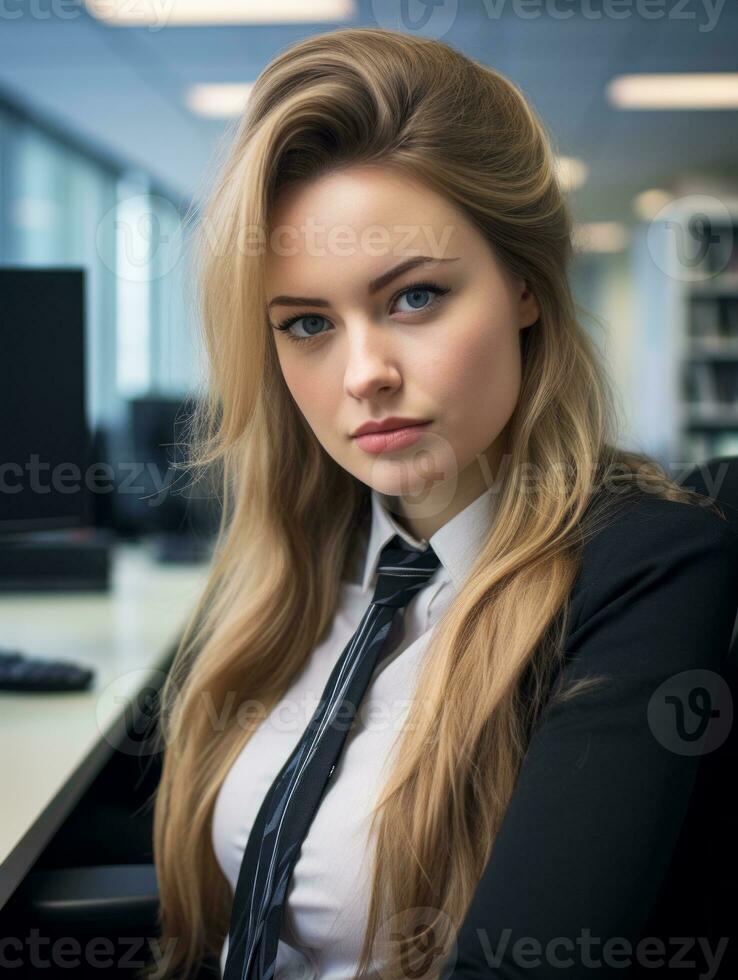 un mujer con largo rubia pelo sentado a un escritorio generativo ai foto