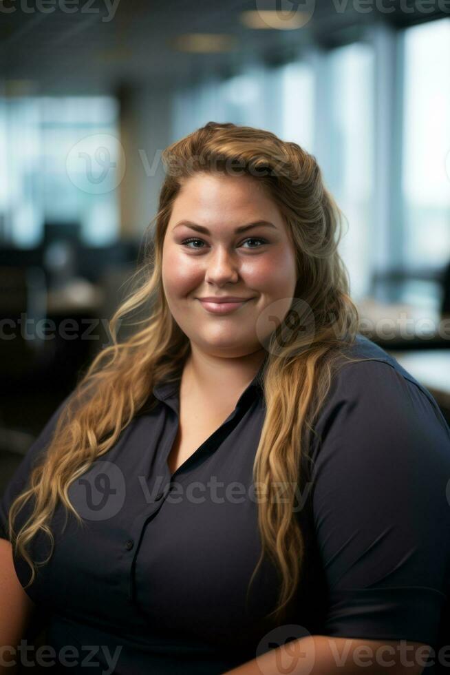 a woman with long blonde hair sitting in an office generative ai photo
