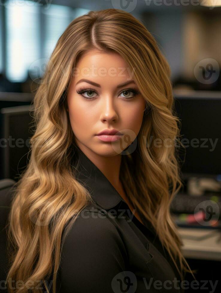 a woman with long blonde hair sitting in front of a computer generative ai photo