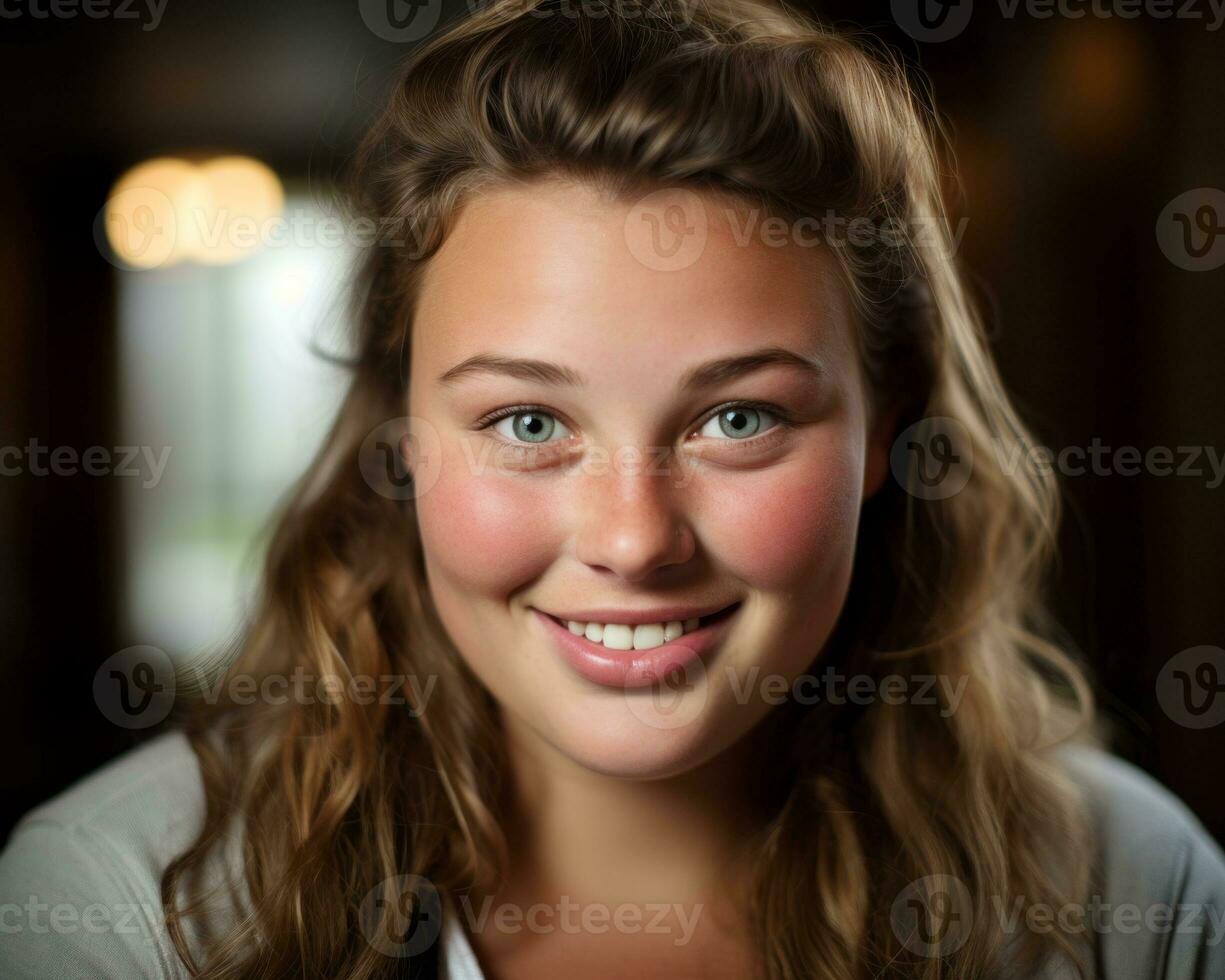 a woman with long brown hair smiling at the camera generative ai photo