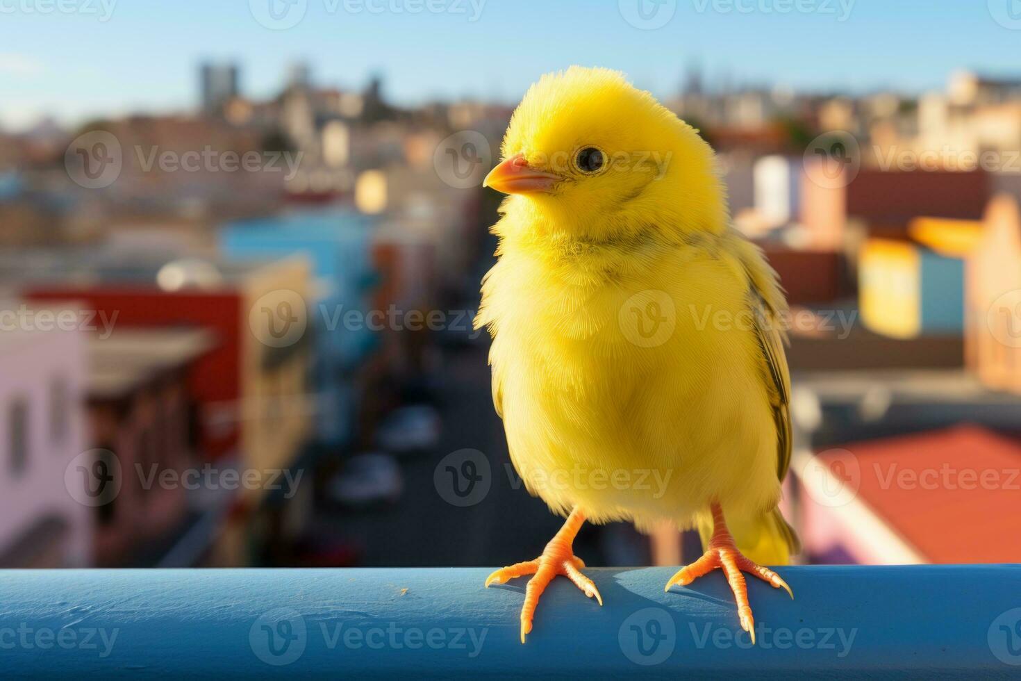 a yellow bird standing on a railing generative ai photo