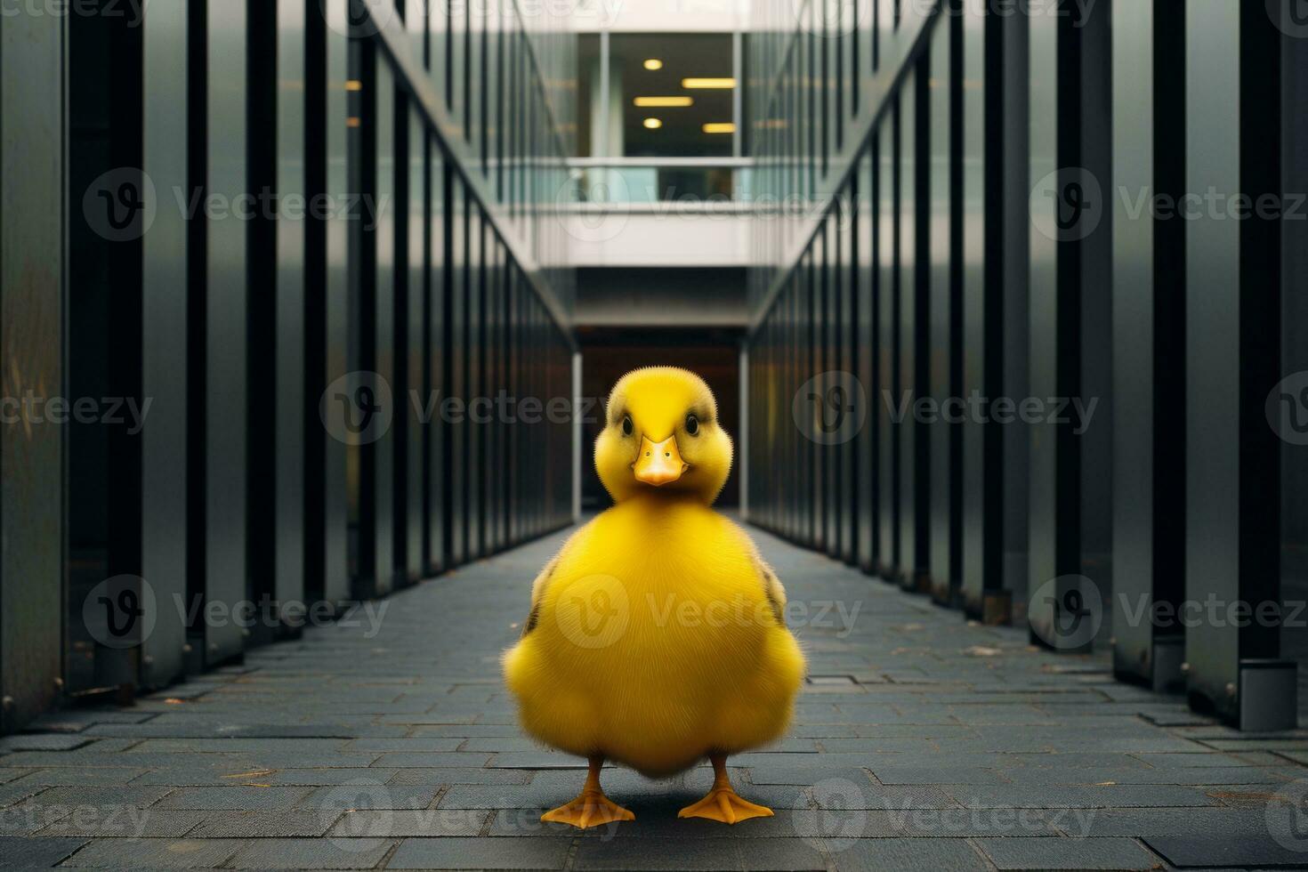 a yellow duck standing in an empty hallway generative ai photo