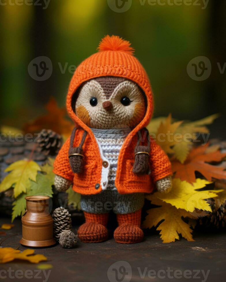 amigurumi owl in an orange jacket and hat on a wooden table with autumn leaves generative ai photo
