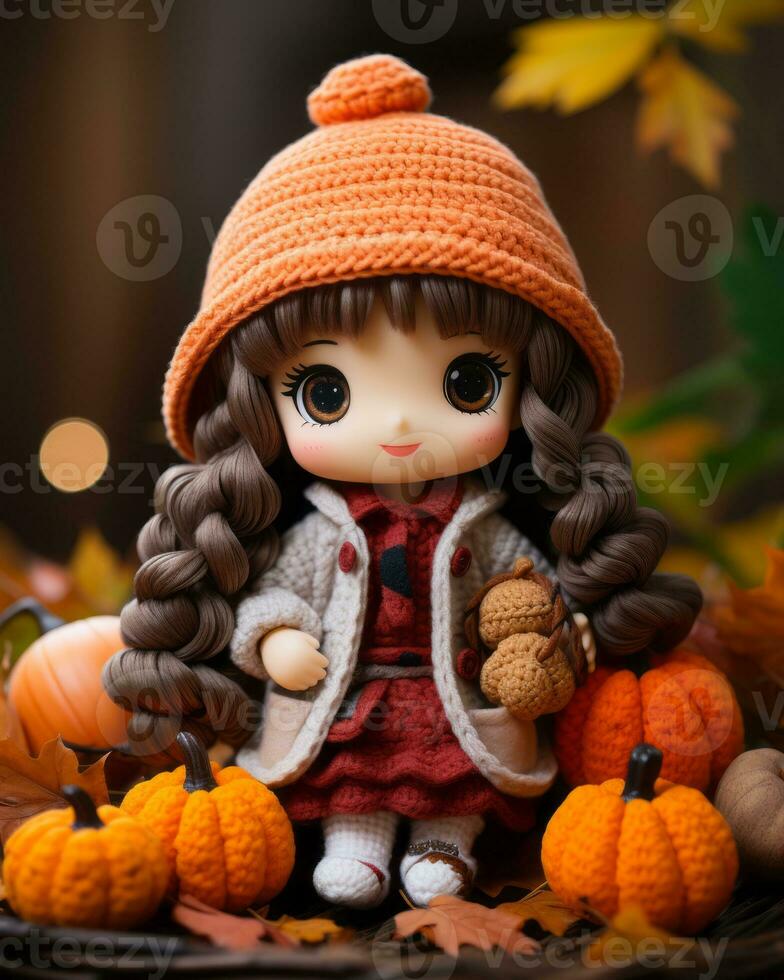 an image of a doll wearing an orange hat and holding a teddy bear generative ai photo