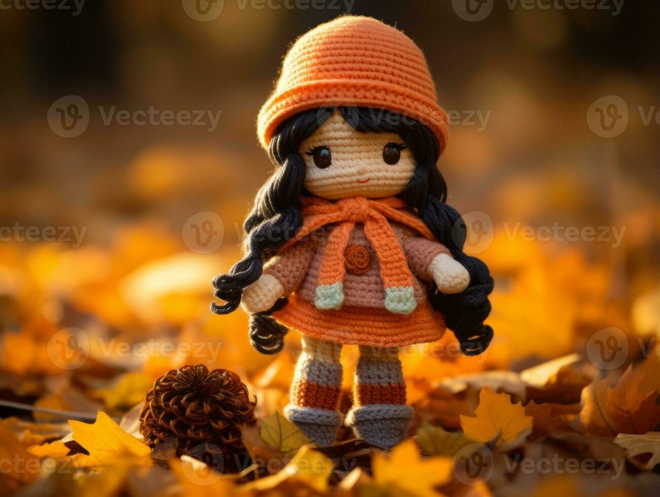 an orange crocheted doll stands in a pile of fallen leaves generative ai photo
