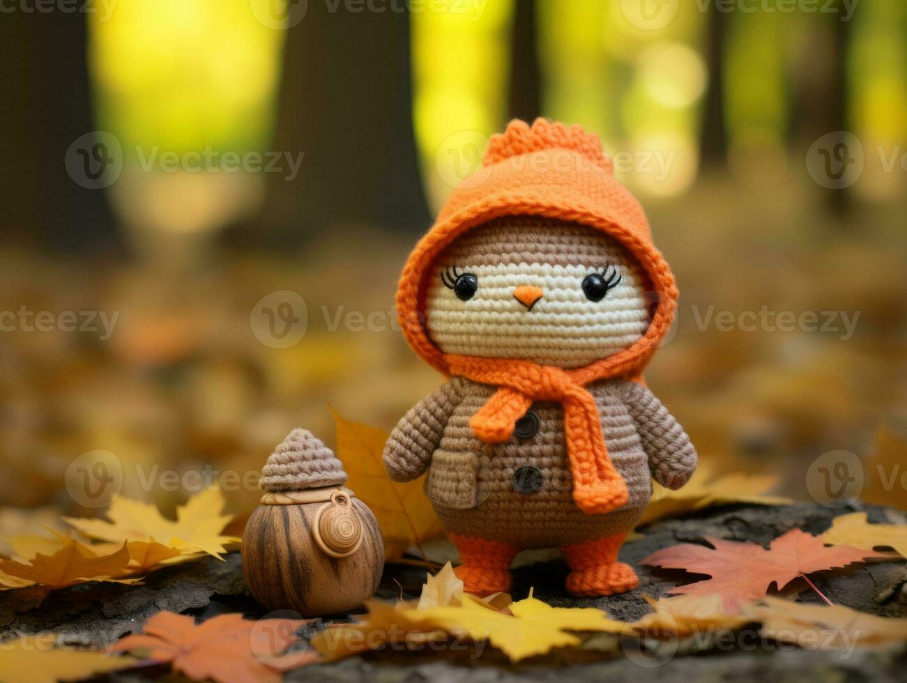 an orange crocheted owl sits in the leaves next to a wooden toy generative ai photo