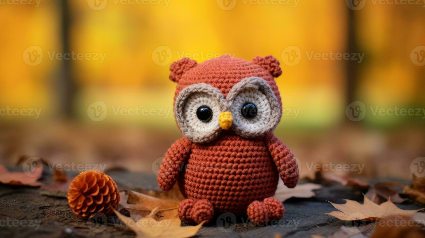 an orange crocheted owl is sitting in the leaves generative ai photo