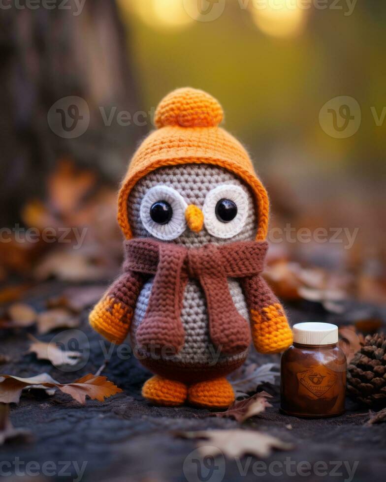 an orange crocheted owl sits next to a jar of honey generative ai photo